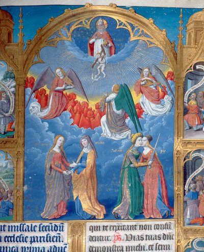 The Trinity surrounded by three angels and below them personifications of Mercy and Truth and Righteousness embracing Peace (Psalm 85) (detail) by Jean Fouquet